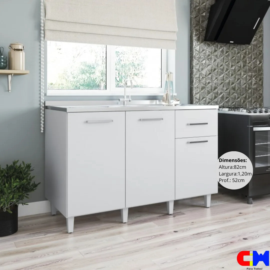 Balcão de Cozinha Pia 1,20m 3 Portas 1 gaveta s/ bacia Larissa Branco
