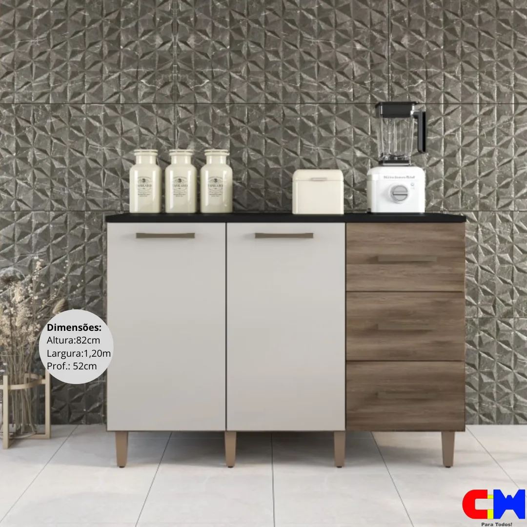 Balcão de Cozinha Pia 1,20m 2 Portas 3 gavetas s/ bacia/tampo Naturale/OFF