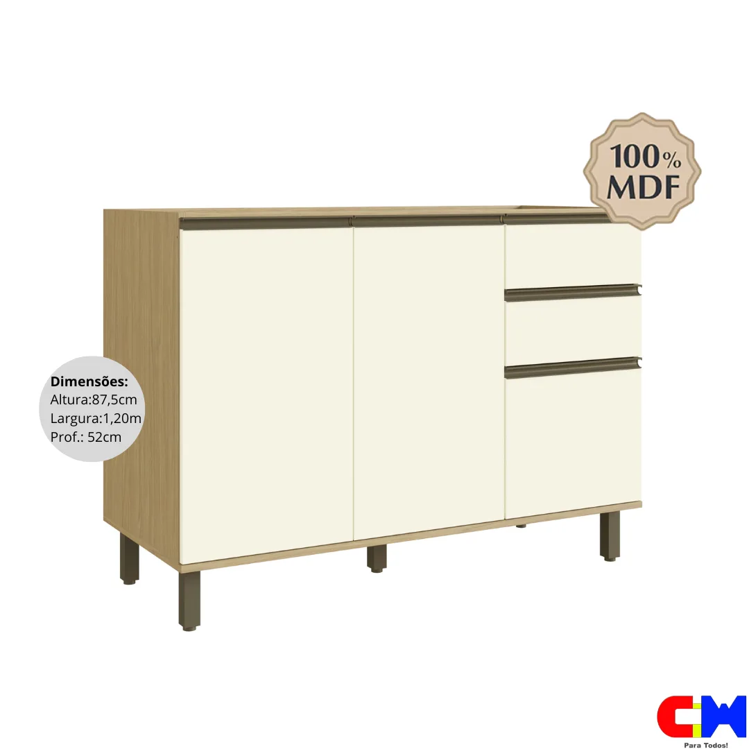 Balcão de Cozinha Pia 1,20m 100% MDF s/ bacia 2 Portas 3 Gavetas Dubai Louro Freijo/Champanhe