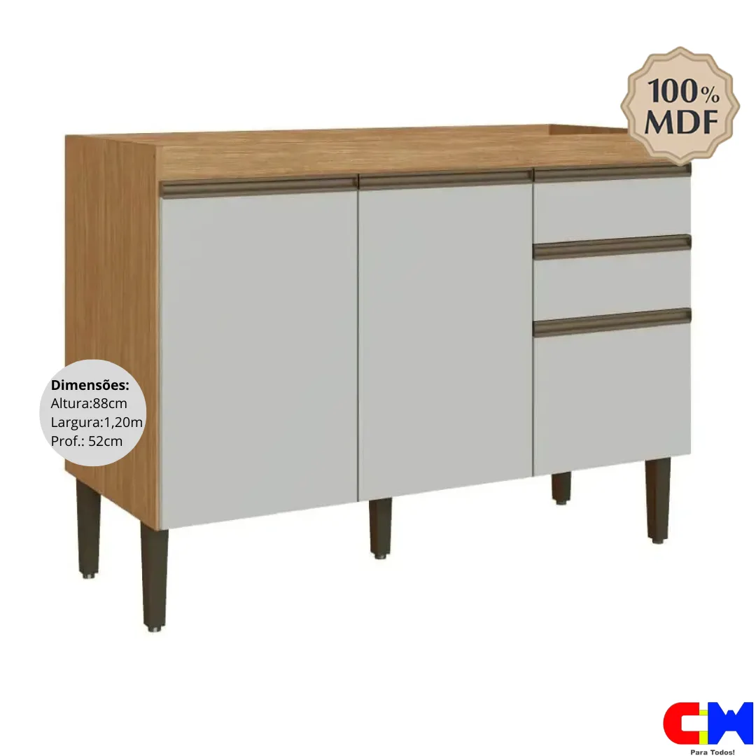 Balcão de Cozinha Pia 1,20m 100% MDF s/ bacia 3 Portas 2 Gavetas CasaBlanca Louro Freijo/Off White