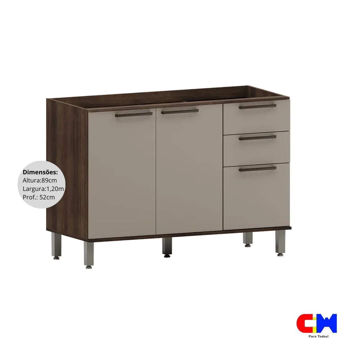 Balcão de Cozinha Pia 1,20m s/ bacia 3 Portas 2 Gavetas Luna Nogueira Dourado/Cinnamon