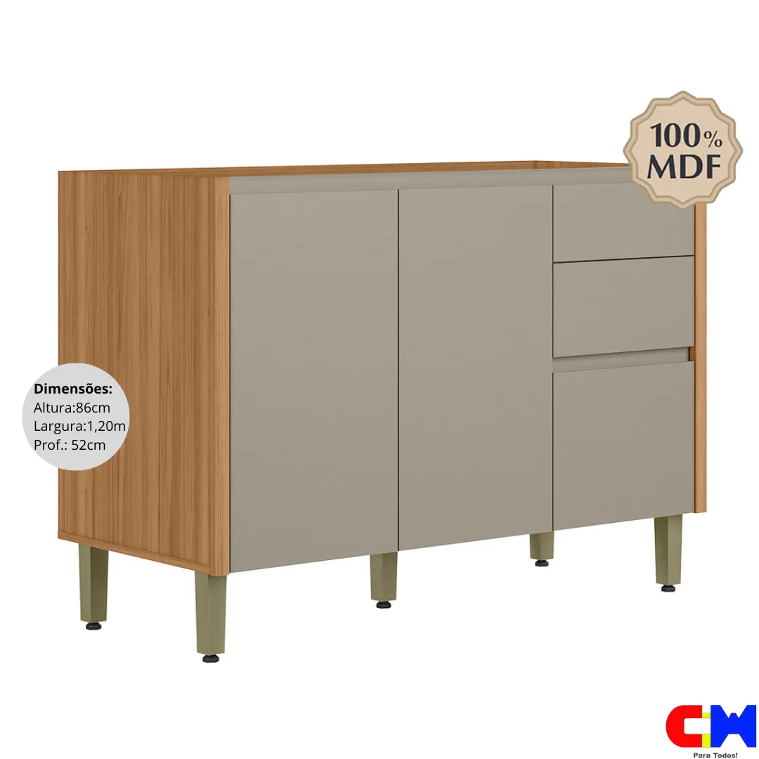 Balcão de Cozinha Pia 1,20m 100% MDF s/ bacia 2 Portas 3 Gavetas Allure Jequitiba/Gris Fosco