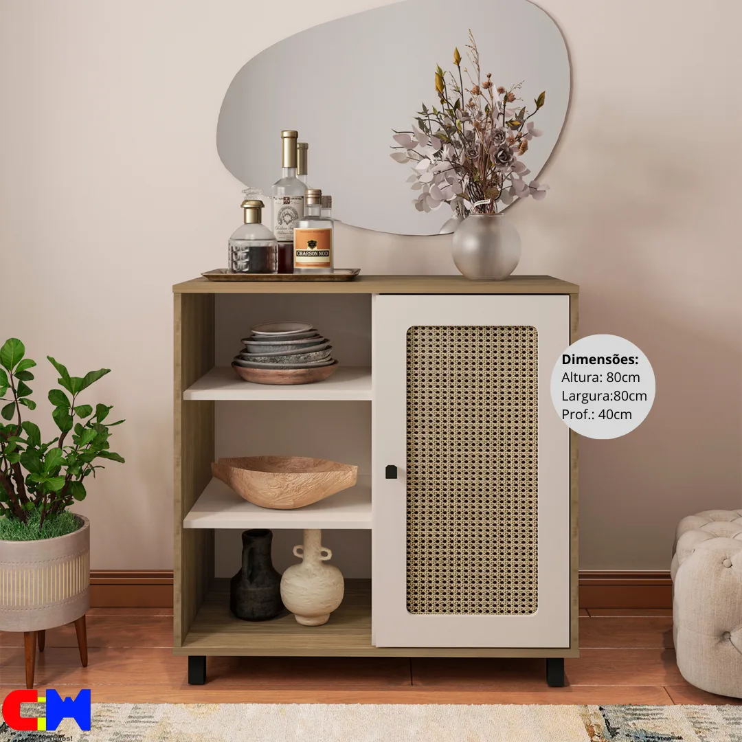 Balcão Buffet Aparador 80cm com Porta e Nichos Charlotte Carvalho/Off White