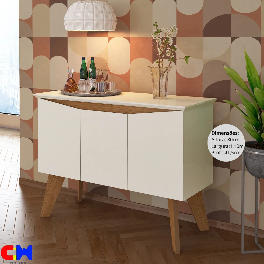 Balcão Buffet Aparador Retrô 3 Portas 1,10m Oásis Off White/Cinamomo
