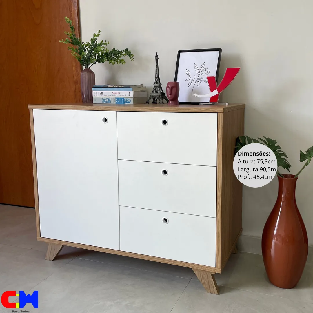 Balcão Aparador 1 Porta e 3 Gavetas 90cm Lugano Olmo/Branco