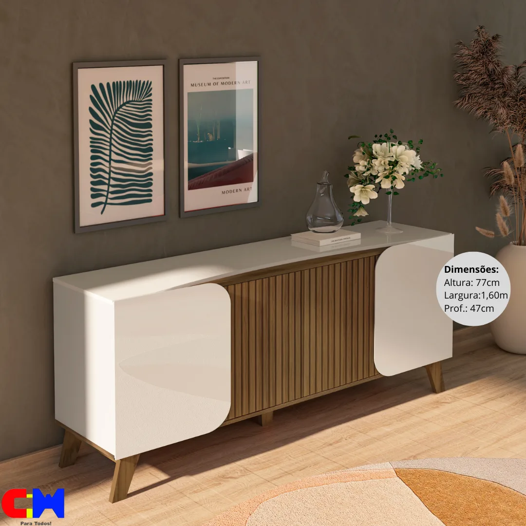 Balcão Buffet Aparador 1,60m 4 Portas Elegance Pinho/Off White