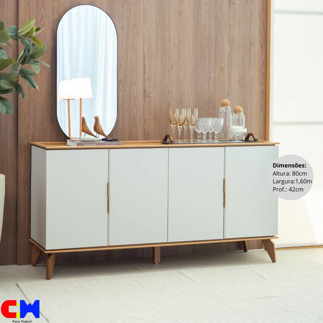 Balcão Buffet Aparador 1,60m 4 Portas Évora Jequitiba/Off White