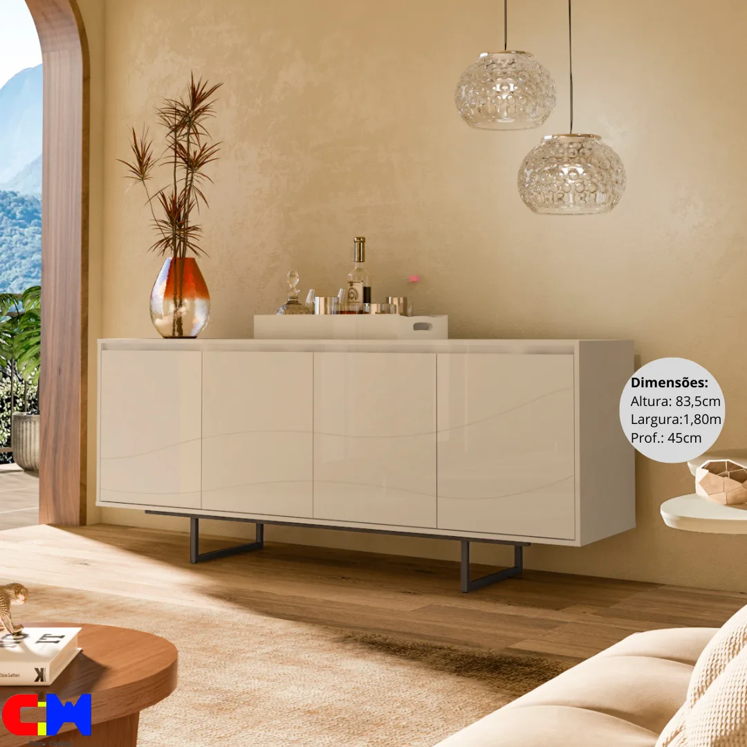 Balcão Buffet Aparador 1,80m 4 Portas Off-White com Pés Metálicos Pretos