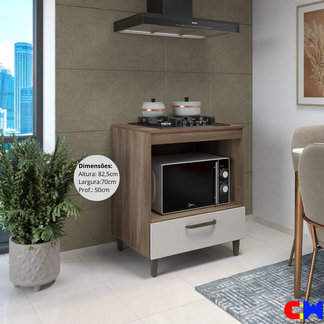Balcão para Cooktop 70cm com Nicho para Microondas e Gaveta Jade Naturale/Off White