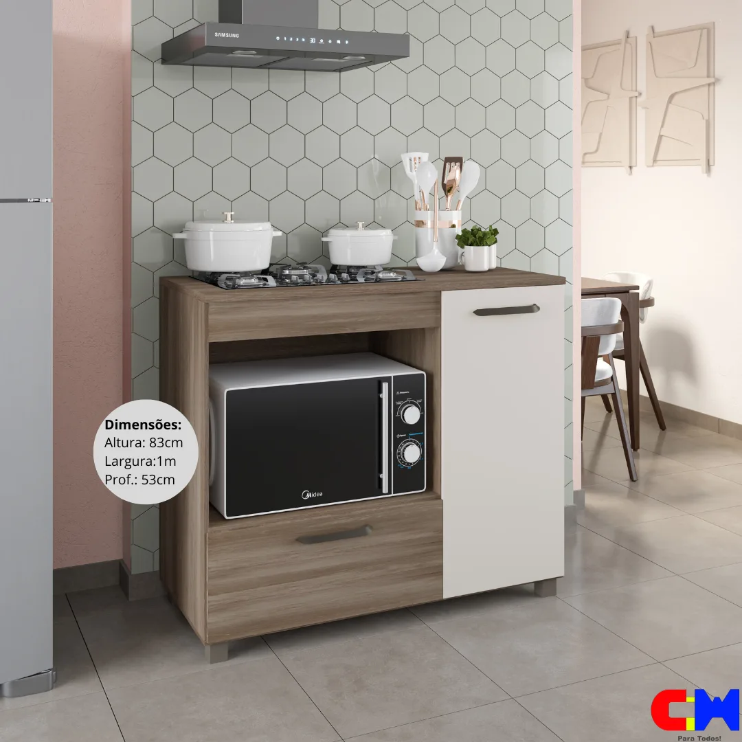 Balcão para Cooktop 1m com Nicho para Microondas Gaveta e Porta Manu Naturale/Off White