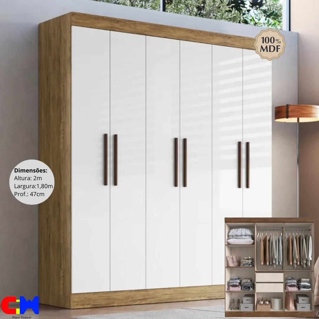 Roupeiro 6 Portas 100% MDF New Xangai Nogueira/OFF