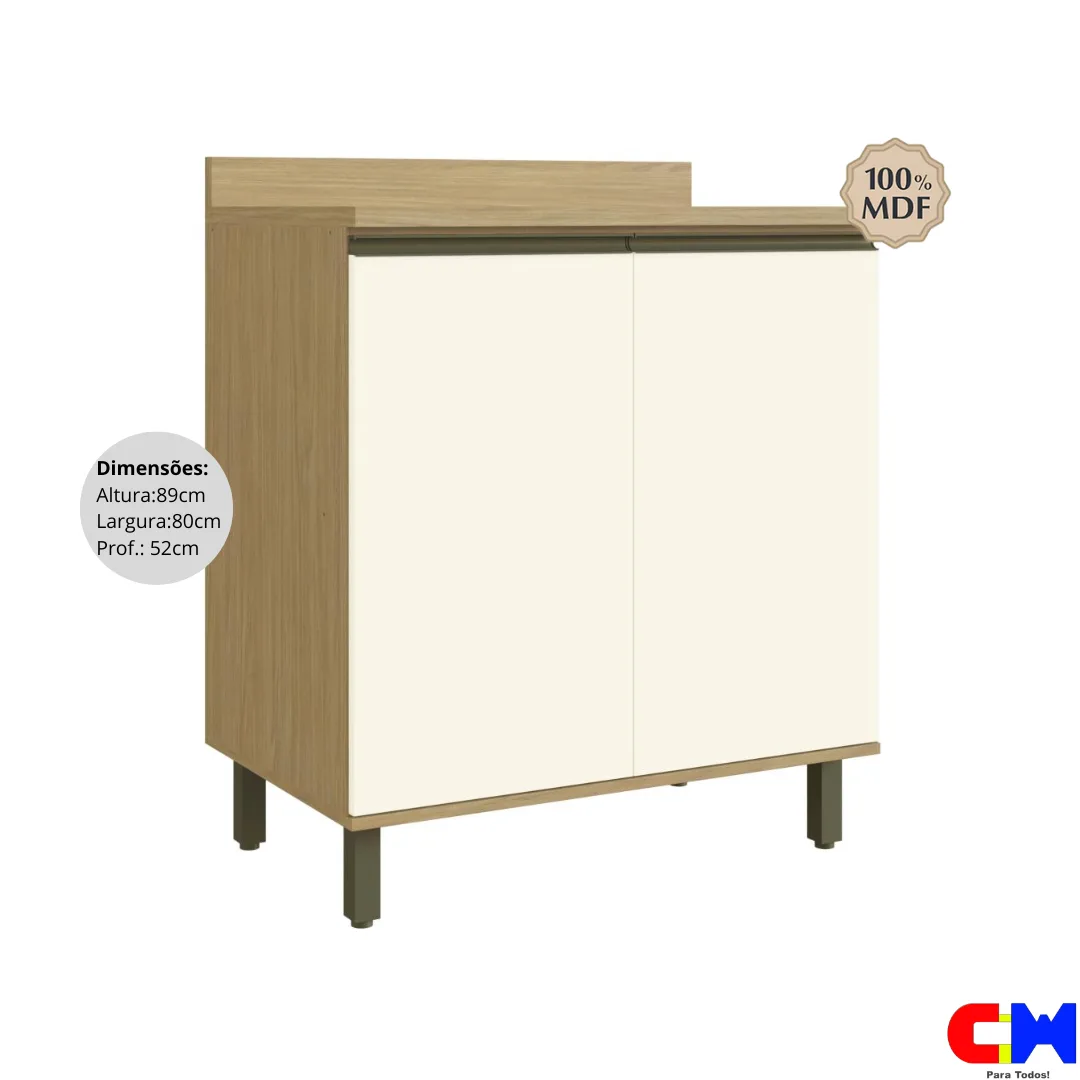 Balcão de Cozinha Cooktop Mantimentos 100% MDF 2 Portas 80cm Dubai Louro Freijo/Champanhe