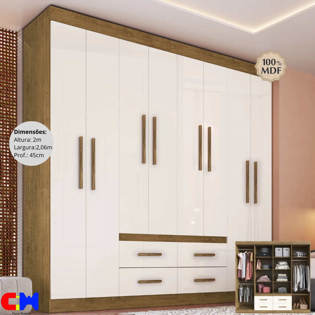 Roupeiro 8 Portas 4 Gavetas 100% MDF Las Vegas Nogueira/OFF