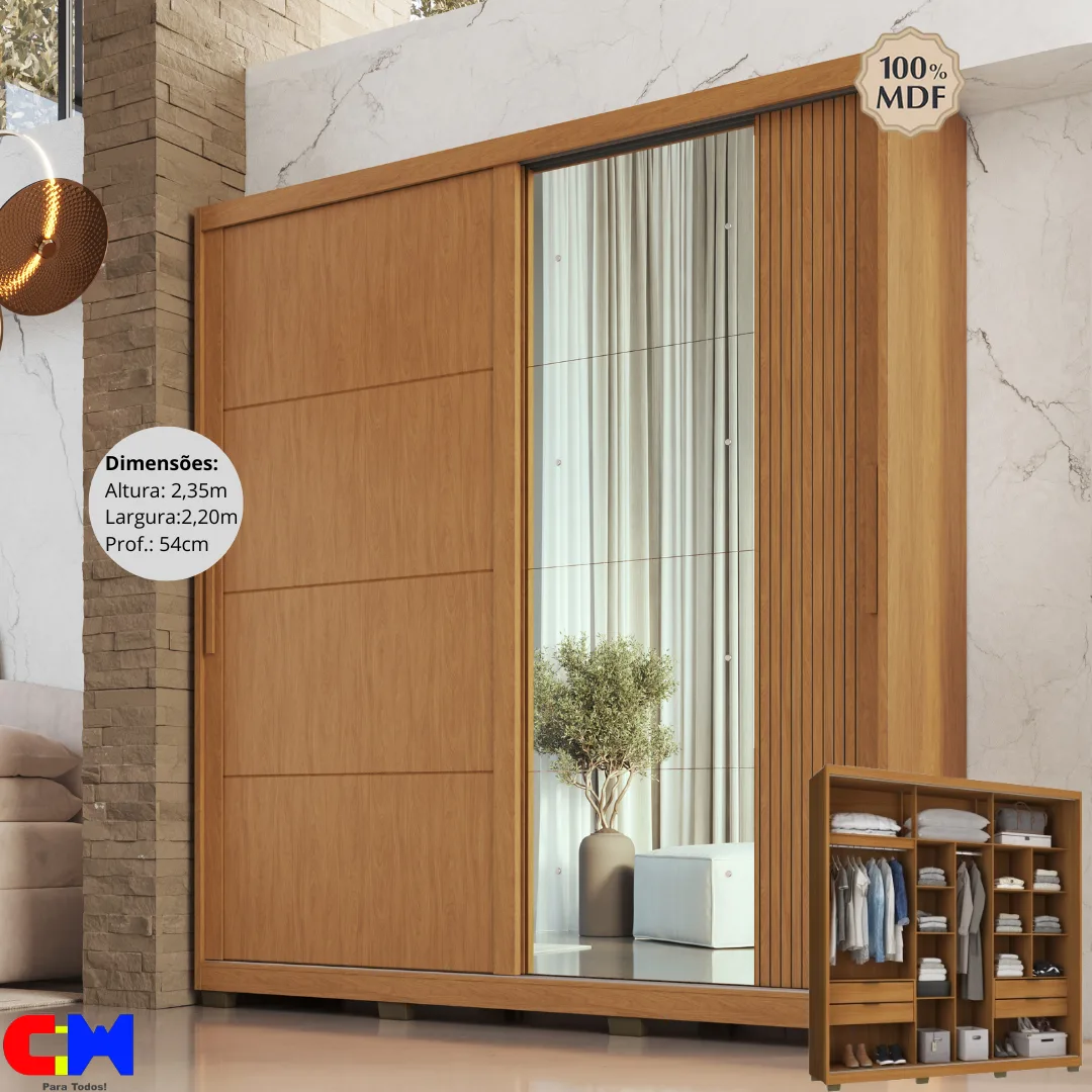 Roupeiro Porta de Correr c/ espelho 100% MDF Lumen Nature