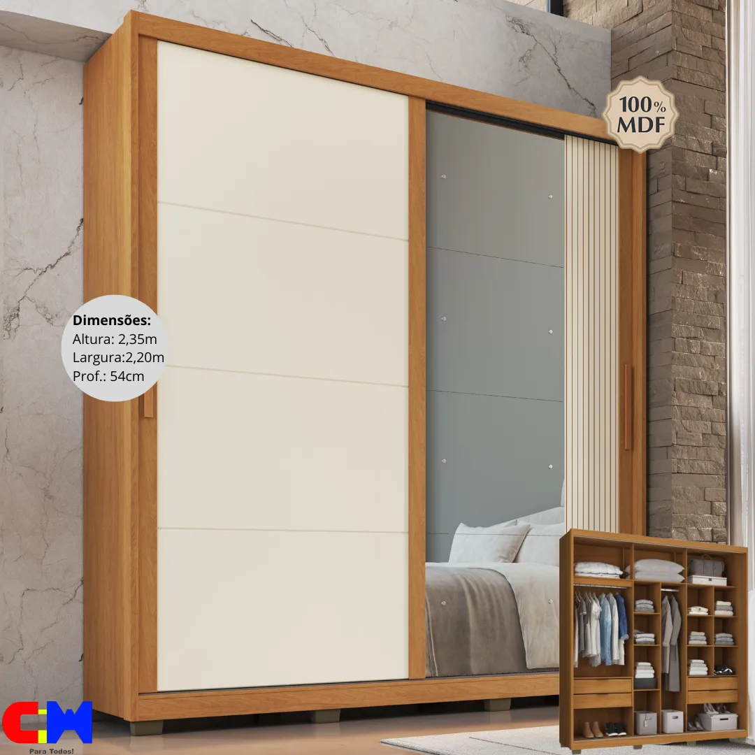 Roupeiro Porta de Correr c/ espelho 100% MDF Lumen Nature/Champanhe