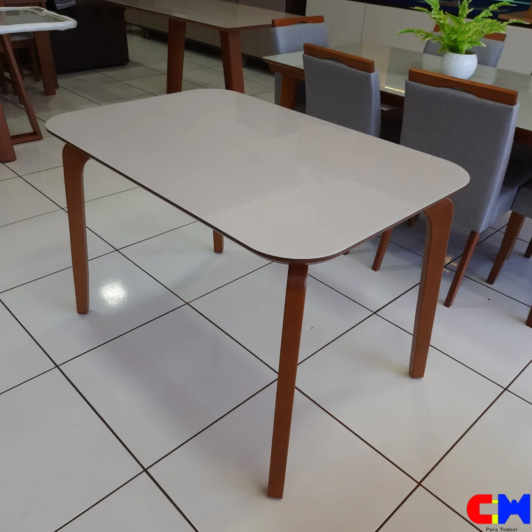 Mesa de Madeira Retangular 1,20m x 80cm com Tampo Vidro Off White Cantos Arredondados Capri