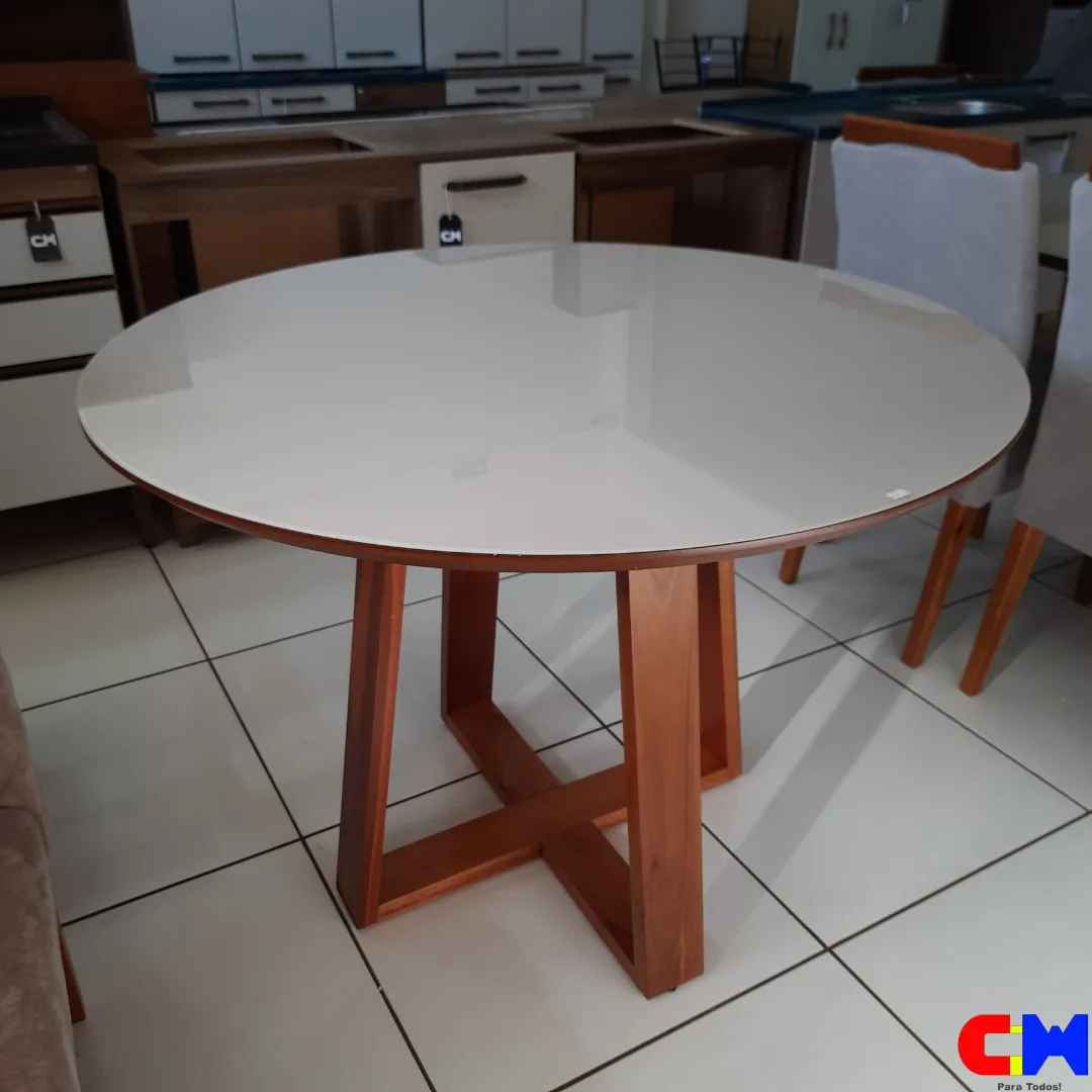 Mesa de Madeira Redonda 1,10m com Tampo Vidro Off White Verona