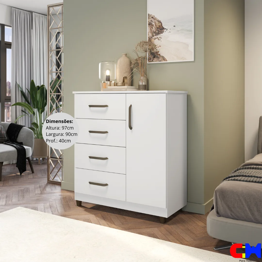 Cômoda com 4 Gavetas e Porta Elisa Branco