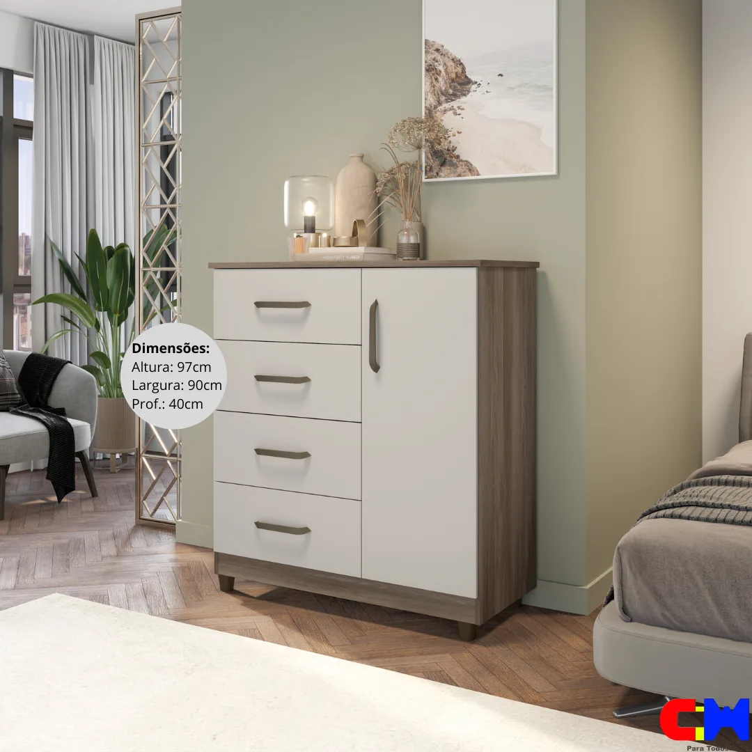 Cômoda com 4 Gavetas e Porta Lateral Elisa Naturale/Off White