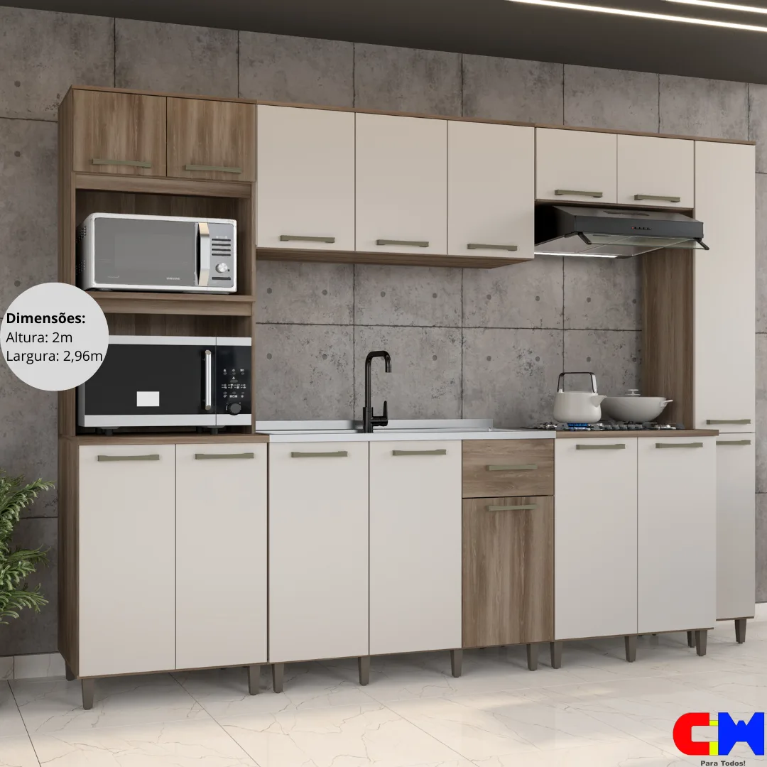 Cozinha Modulada Sofia 6 Peças s/ bacia 2,96m Naturale/Off White