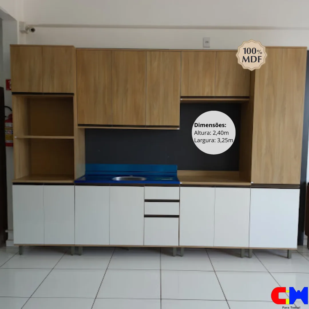 Cozinha Modulada Dubai 100% MDF 6 Peças s/ bacia 2,96m Louro Freijo/Champanhe