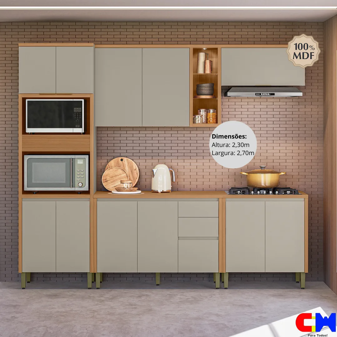 Cozinha Modulada Allure 100% MDF 5 Peças s/ bacia 2,70m Jequitiba/Gris Fosco