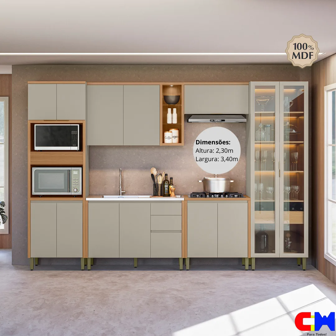 Cozinha Modulada Allure 100% MDF 6 Peças s/ bacia 3,40m Jequitiba/Gris Fosco