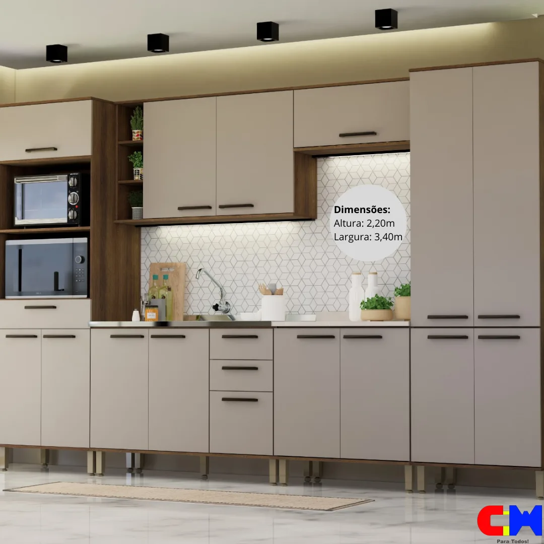 Cozinha Modulada Luna 6 Peças s/ bacia 3,40m Nogueira Dourado/Cinnamon