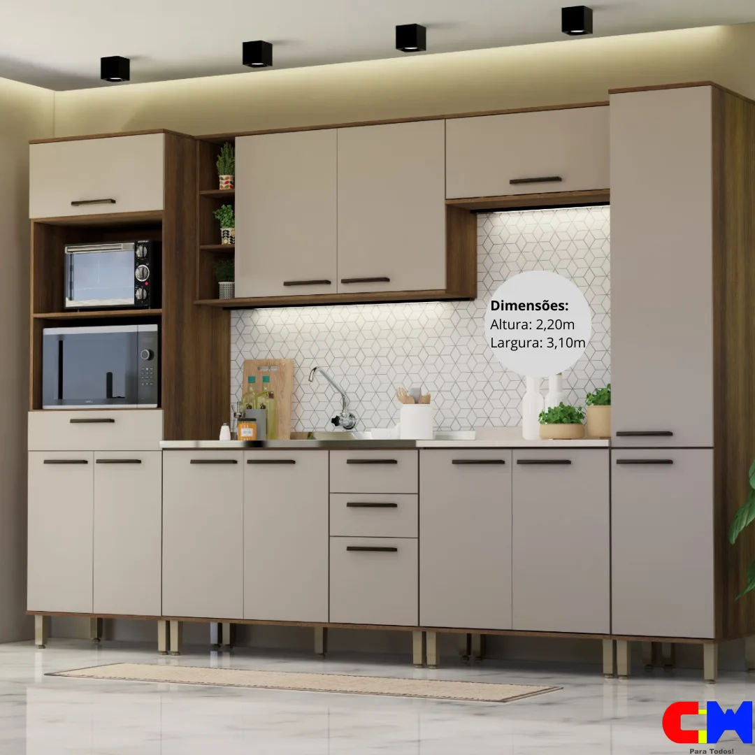 Cozinha Modulada Luna 6 Peças s/ bacia 3,10m Nogueira Dourado/Cinnamon