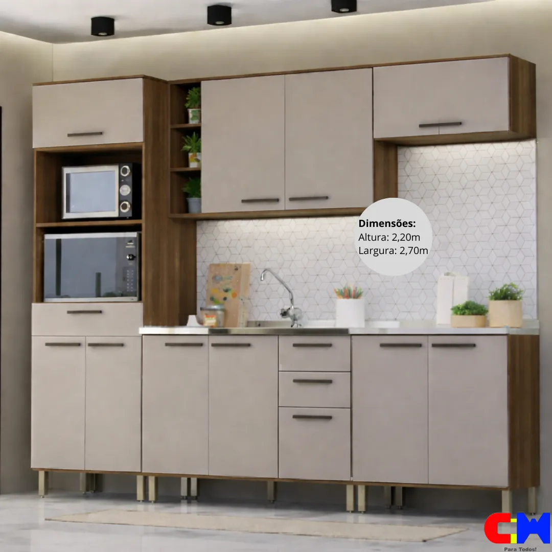 Cozinha Modulada Luna 5 Peças s/ bacia 2,70m Nogueira Dourado/Cinnamon