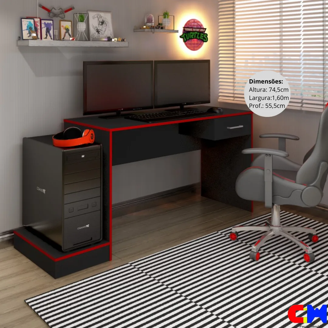 Mesa de Estudos Escrivaninha 1 gaveta Gamer Preto/Vermelho