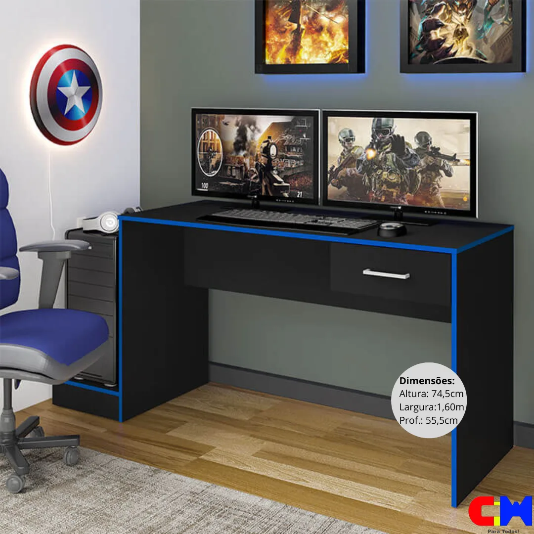Mesa de Estudos Escrivaninha 1 gaveta Gamer Preto/Azul
