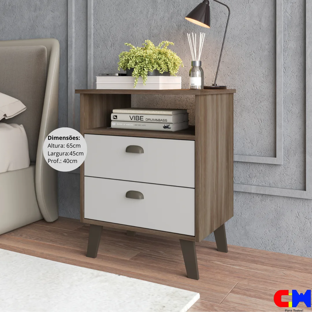 Mesa de Cabeceira 2 Gavetas Nicho Liz Naturale/Off White
