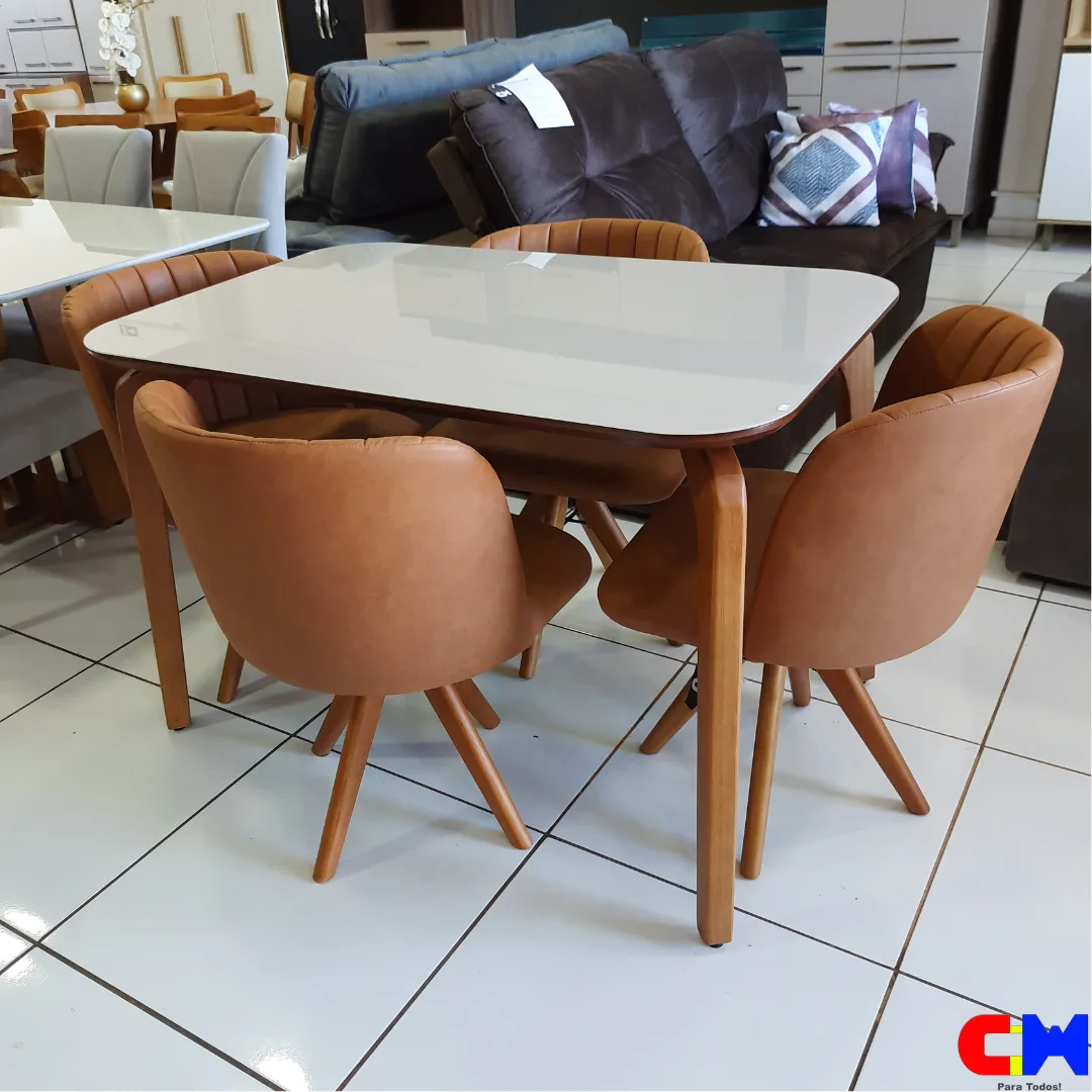 Sala de Jantar Retangular 4 Lugares Madeira Mesa Capri e Cadeira Giratória Eva