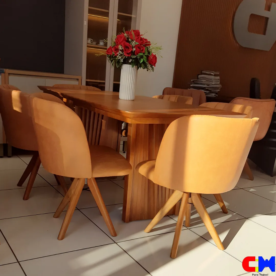 Sala de Jantar Retangular 6 Lugares Madeira Mesa com Tampo Laminado Duna e Cadeira Giratória Eva