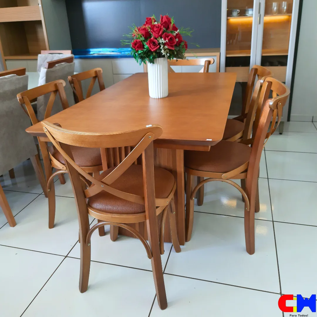 Sala de Jantar Retangular 6 Lugares Madeira Mesa com Tampo Laminado Duna e Cadeira X