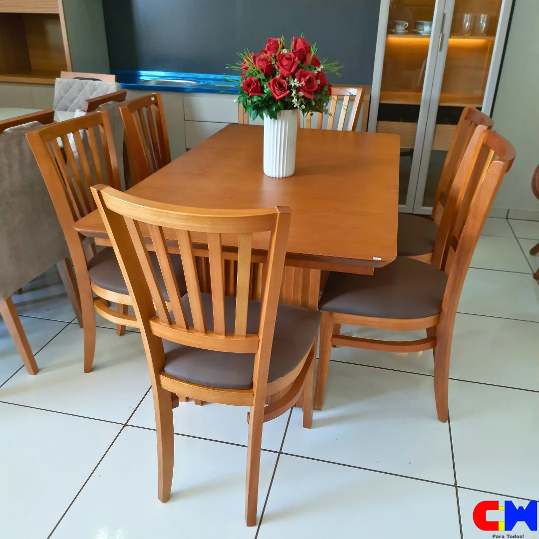 Sala de Jantar Retangular 6 Lugares Madeira Mesa com Tampo Laminado Duna e Cadeira Lana