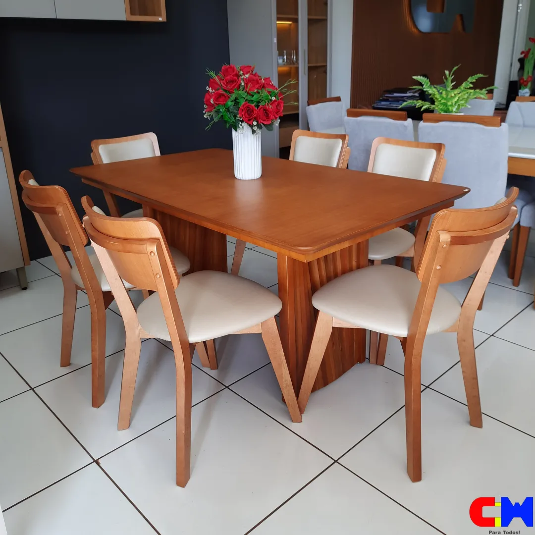 Sala de Jantar Retangular 6 Lugares Madeira Mesa com Tampo Laminado Duna e Cadeira Florença