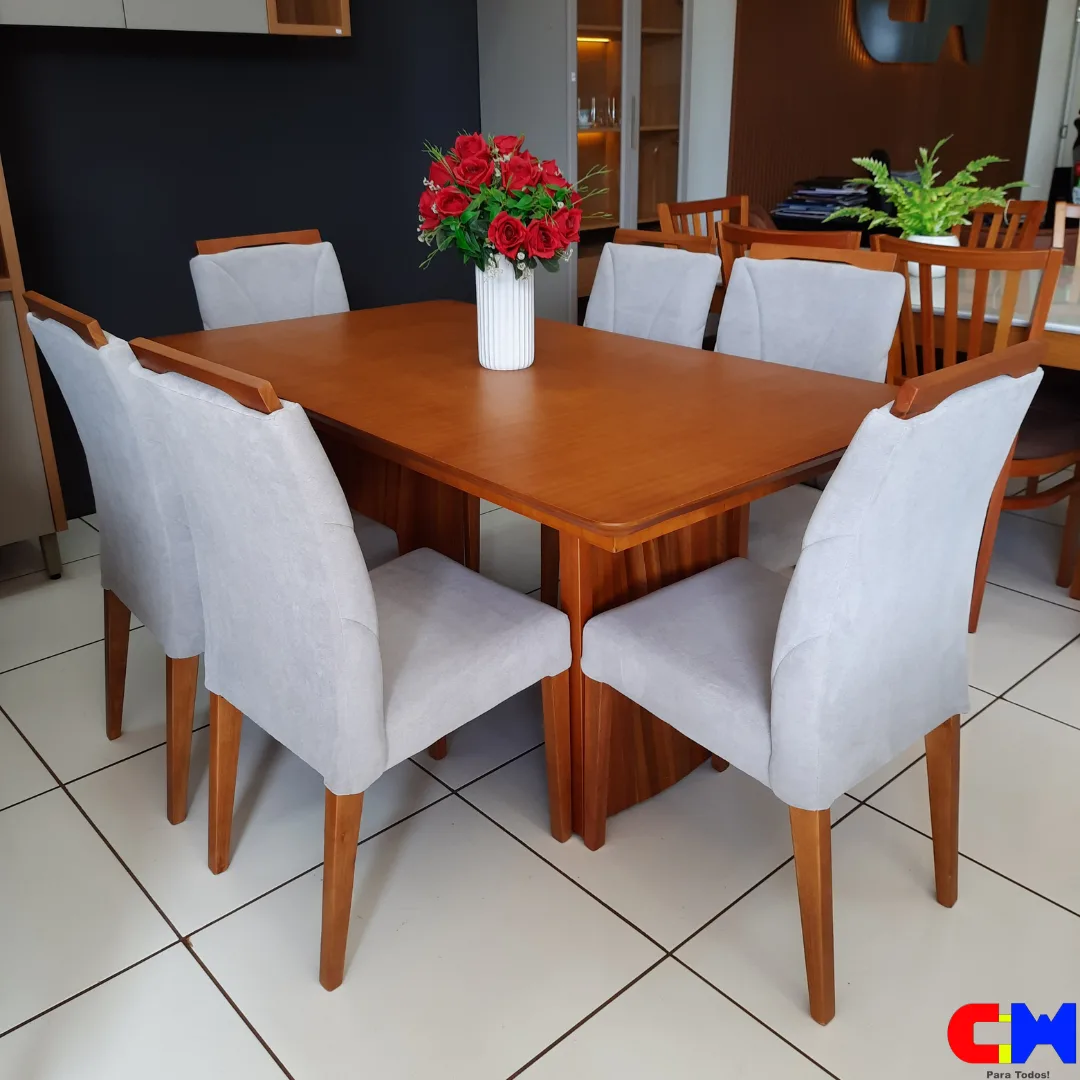 Sala de Jantar Retangular 6 Lugares Madeira Mesa com Tampo Laminado Duna e Cadeira Malu