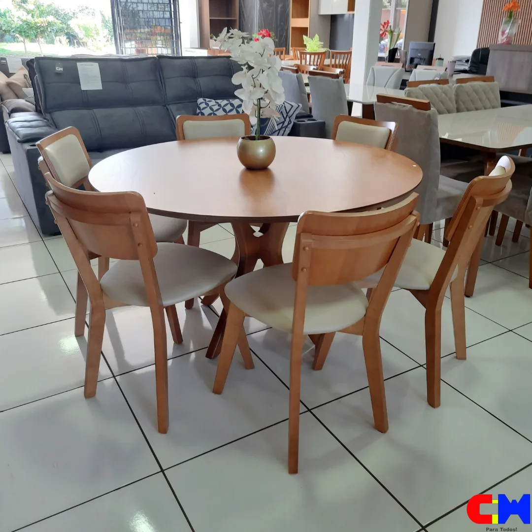 Sala de Jantar Redonda 6 Lugares Madeira Mesa com Tampo Laminado Genebra e Cadeira Florença