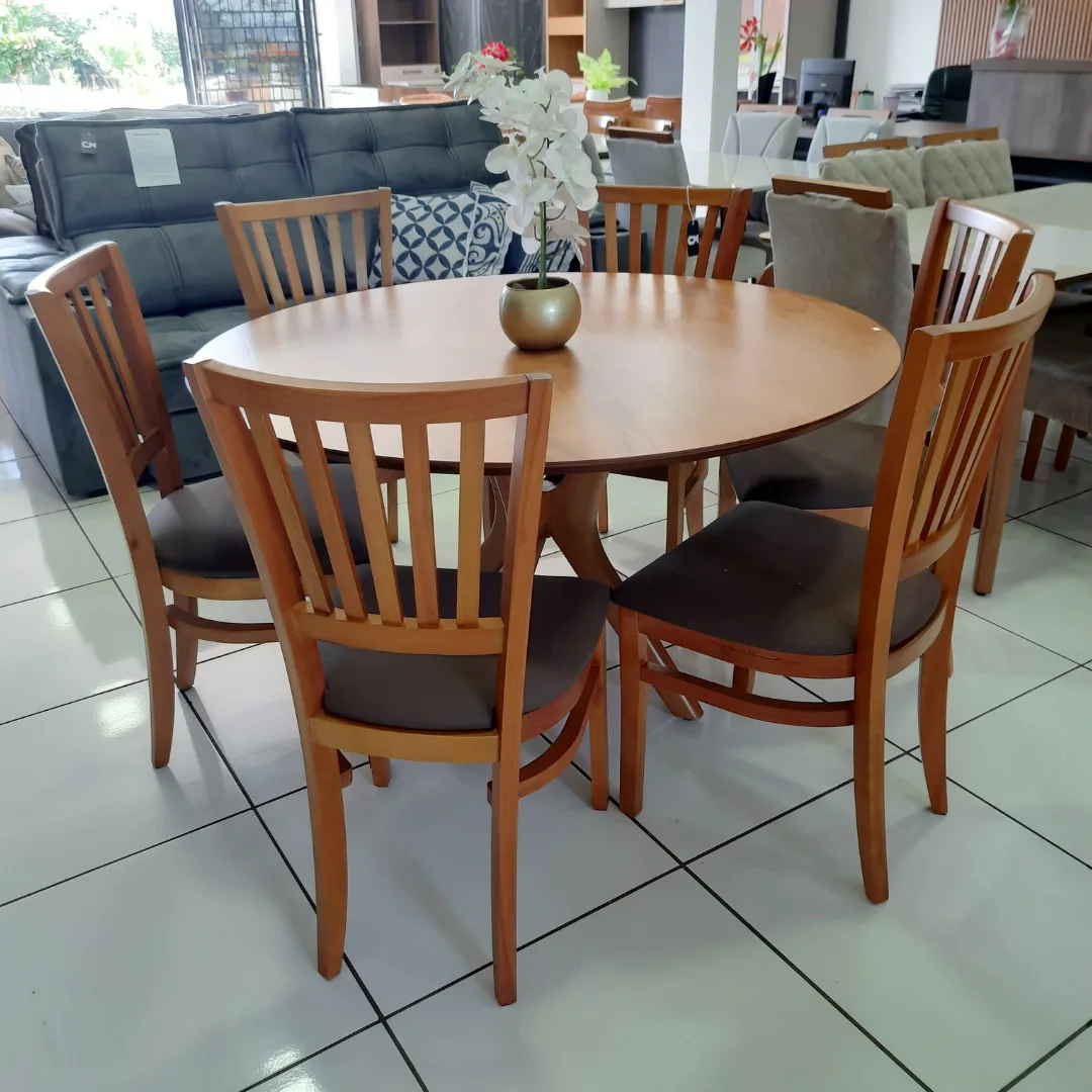 Sala de Jantar Redonda 6 Lugares Madeira Mesa com Tampo Laminado Genebra e Cadeira Lana