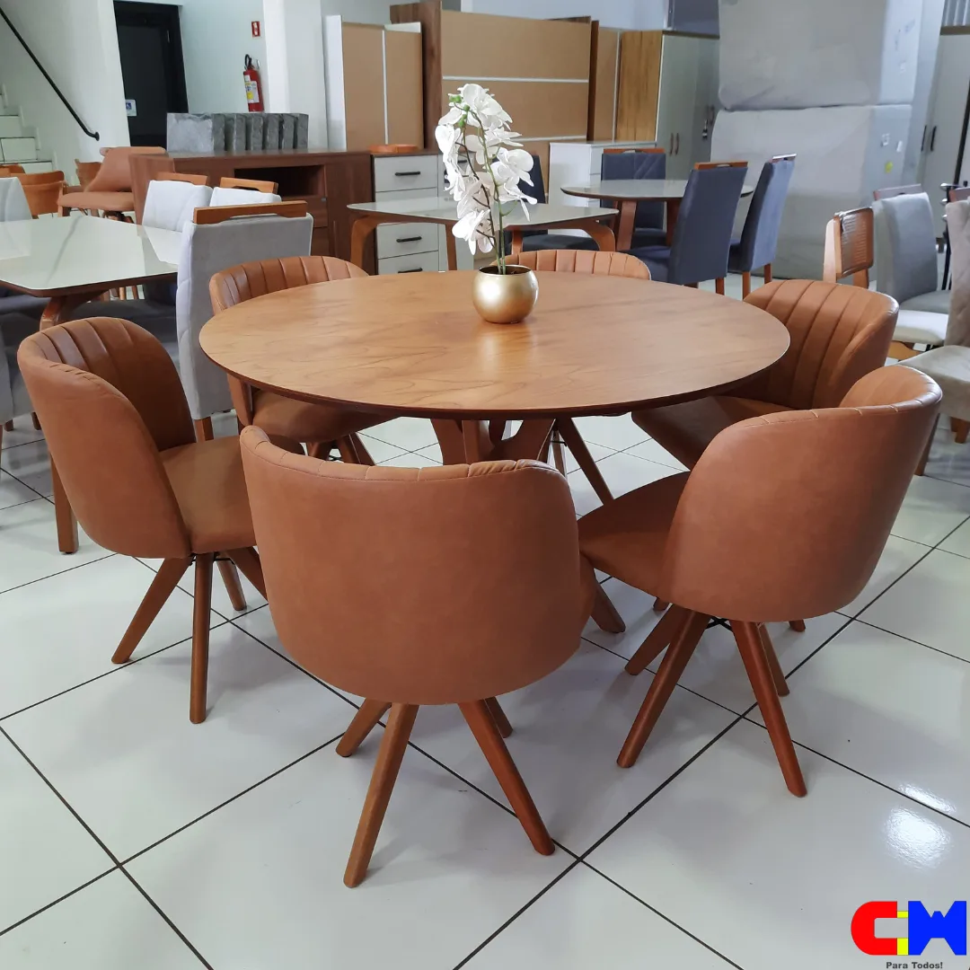 Sala de Jantar Redonda 6 Lugares Madeira Mesa com Tampo Laminado Genebra e Cadeira Giratória Eva
