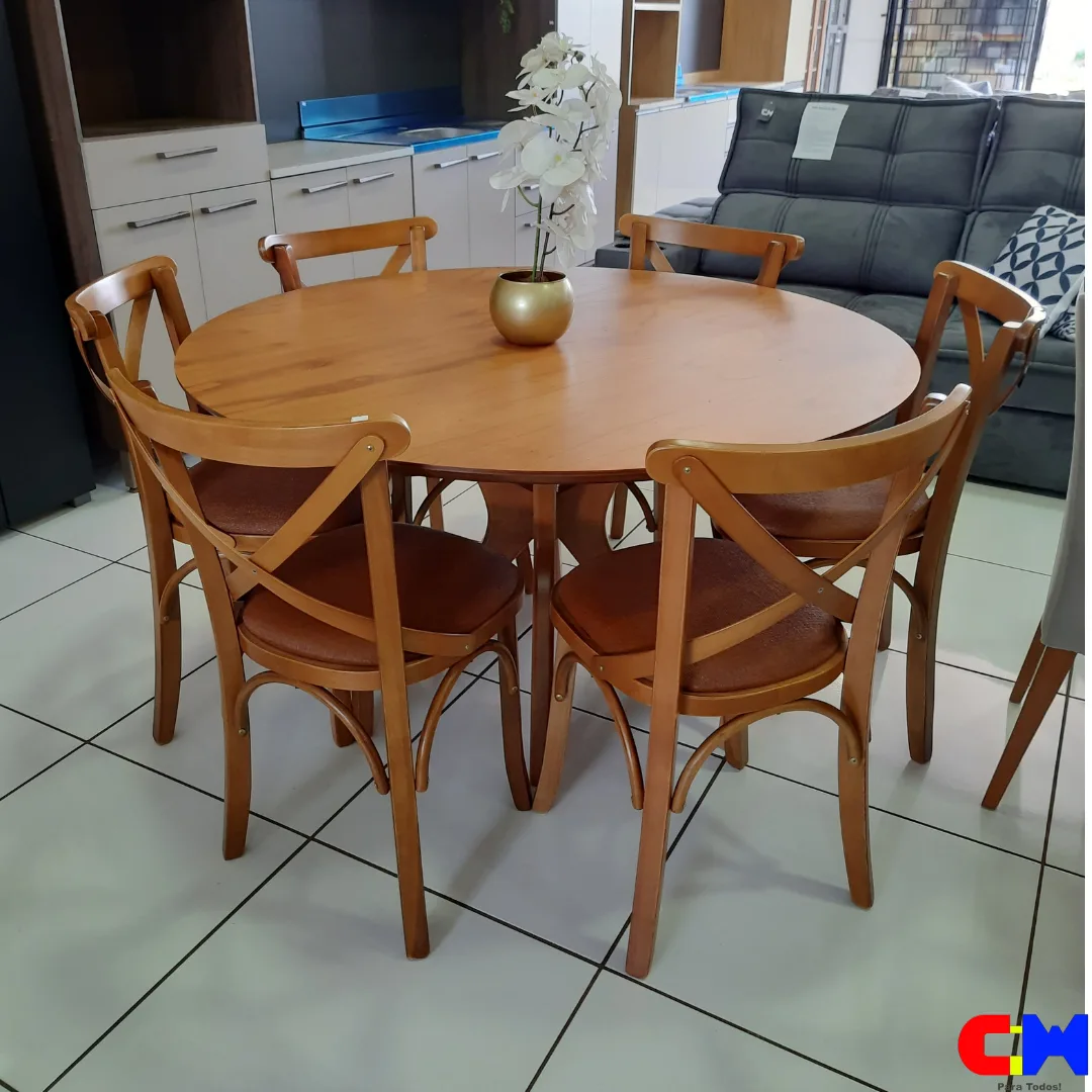 Sala de Jantar Redonda 6 Lugares Madeira Mesa com Tampo Laminado Genebra e Cadeira X