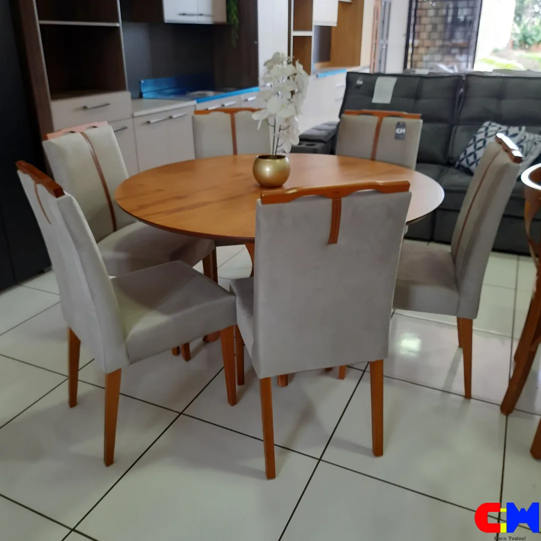 Sala de Jantar Redonda 6 Lugares Madeira Mesa com Tampo Laminado Genebra e Cadeira Serena