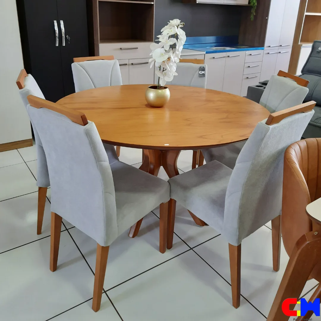 Sala de Jantar Redonda 6 Lugares Madeira Mesa com Tampo Laminado Genebra e Cadeira Malu