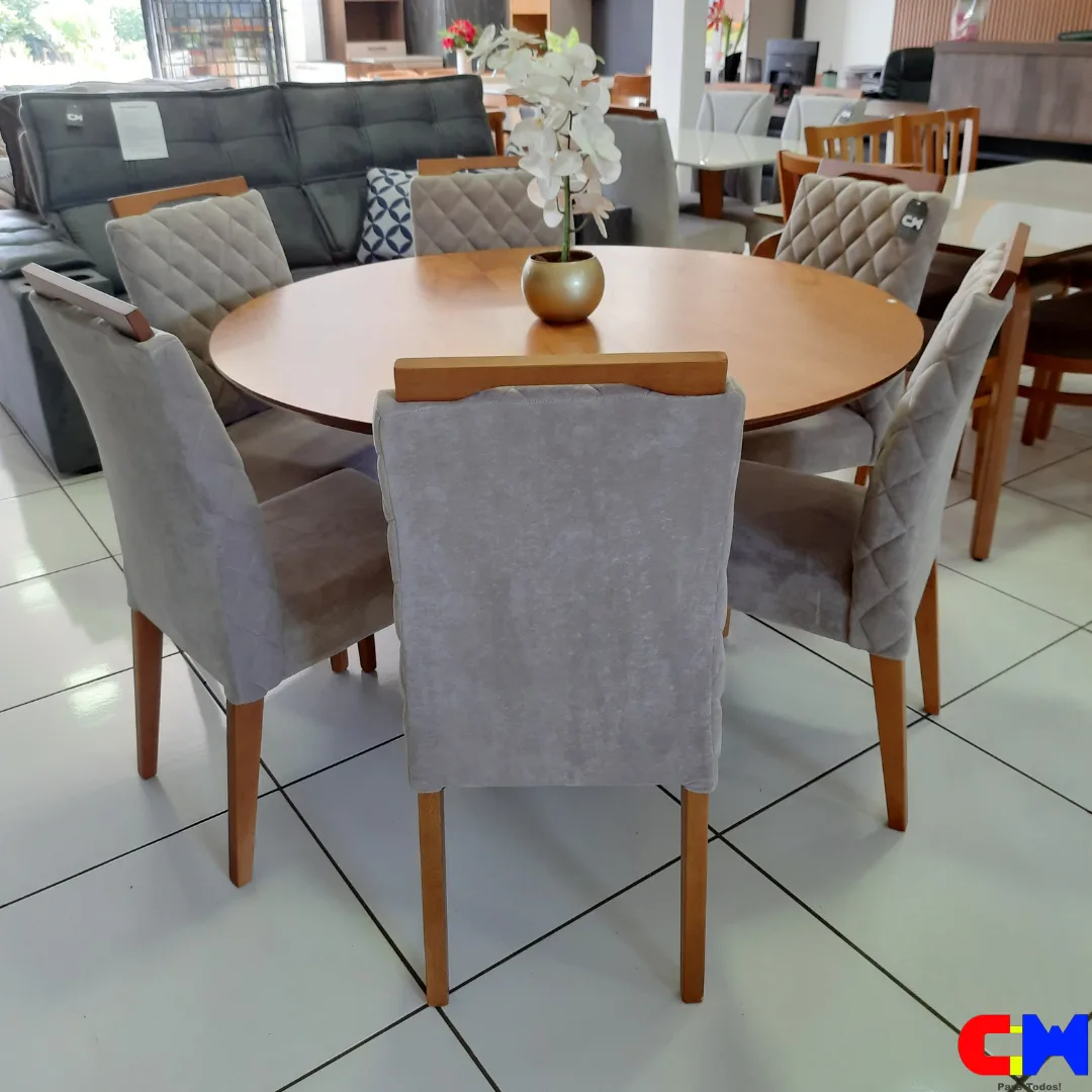Sala de Jantar Redonda 6 Lugares Madeira Mesa com Tampo Laminado Genebra e Cadeira Leticia