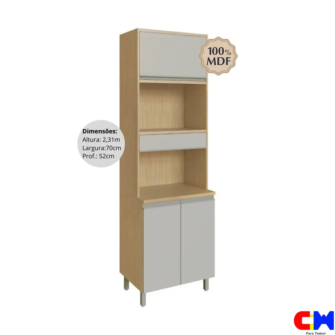 Armário Torre Quente para Forno e Microondas 100% MDF Paris Louro Freijo/Off White