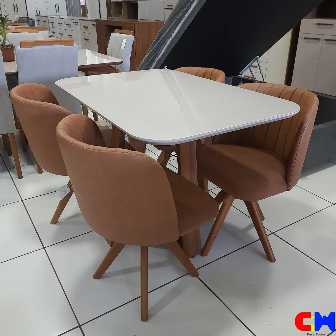 Sala de Jantar Retangular 4 Lugares Madeira Mesa Verona e Cadeira Giratória Eva