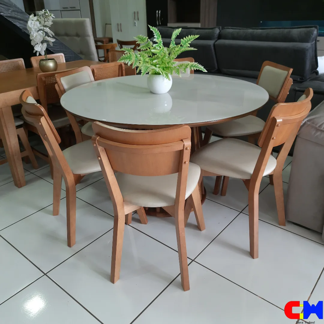 Sala de Jantar Redonda 1,33m 6 Lugares Madeira Mesa Genova e Cadeira Florença