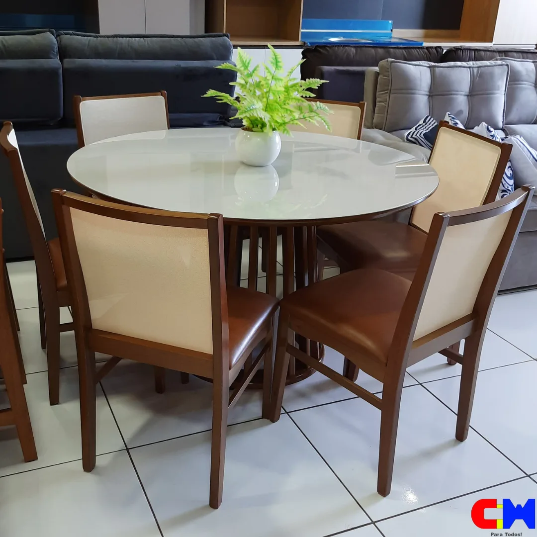 Sala de Jantar Redonda 1,33m 6 Lugares Madeira Mesa Genova e Cadeira Capri